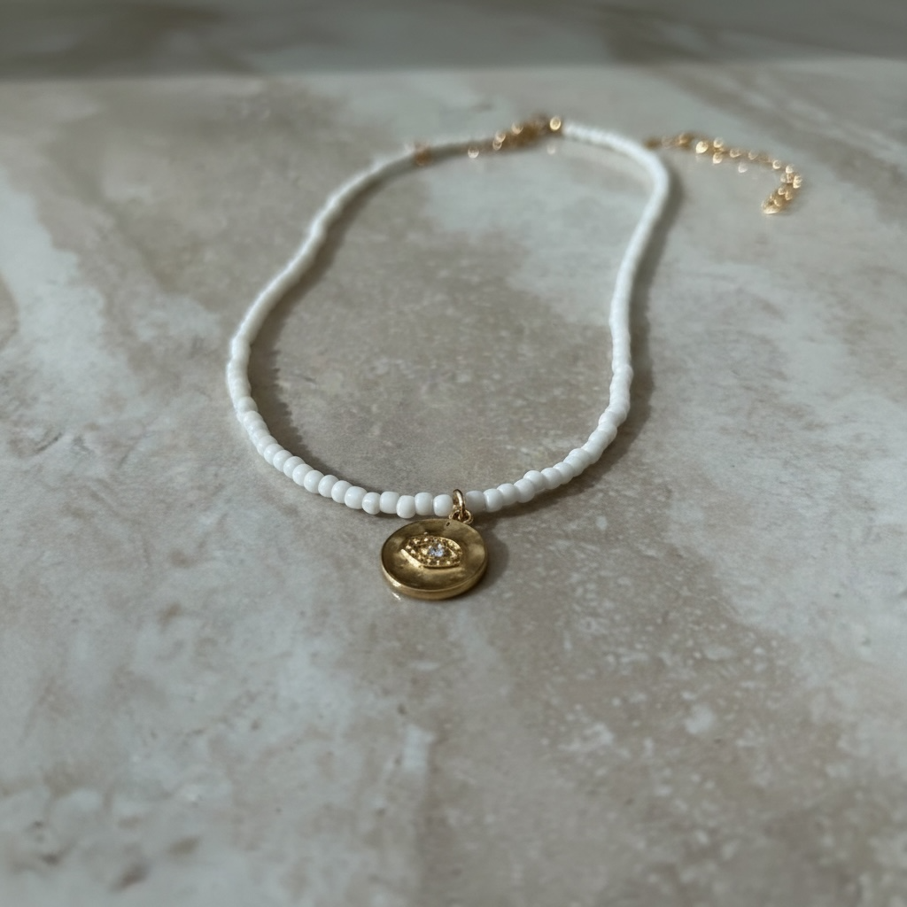 White Eye Beaded Necklace